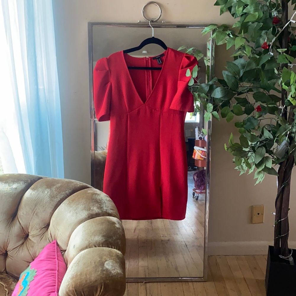 Red puff arm dress
